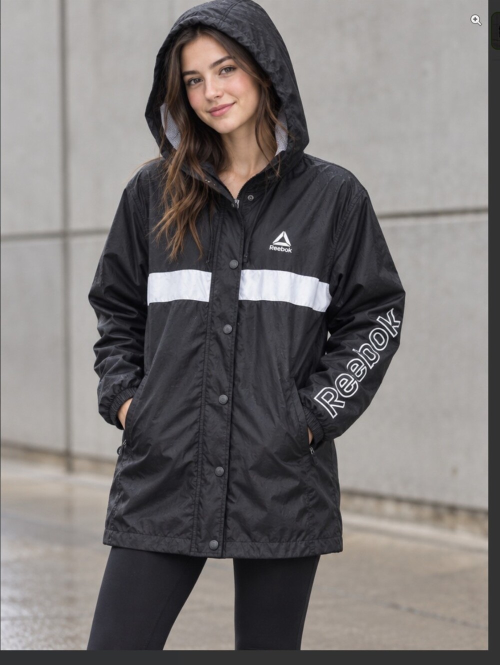 Reebok Black Hooded Kids Rain Jacket with White Stripe